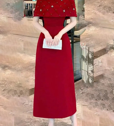 Solid Spliced Diamonds Slimming Dresses For Women V Neck Short Sleeve High Waist Temperament Long Dress Female New