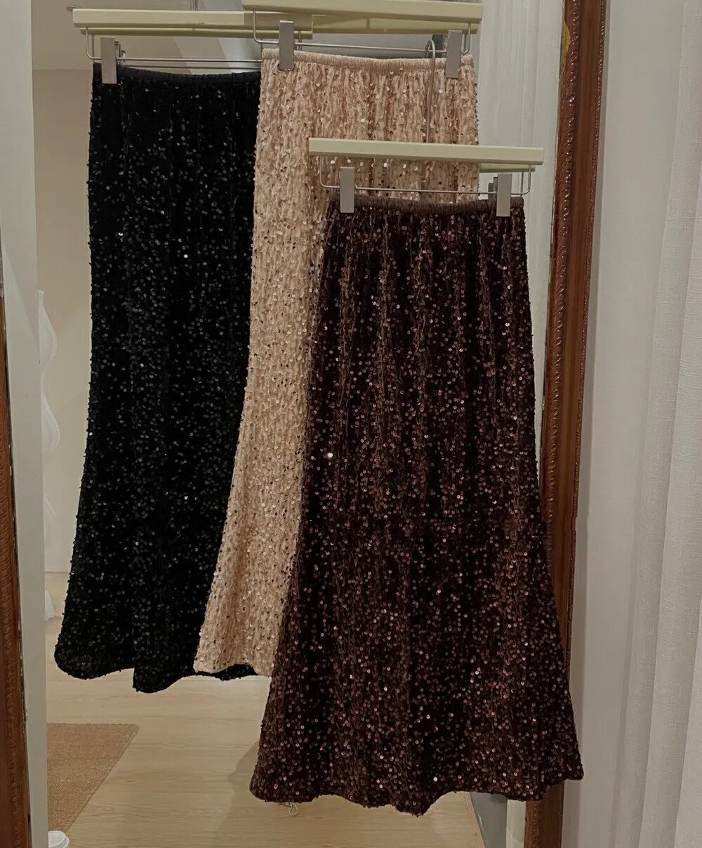Spring Summer Fashion Y2k Streetwear Velvet Long Skirt Women Solid Elegant Elastic High Waist Sequin Wrap Hip Fishtail Skirt New