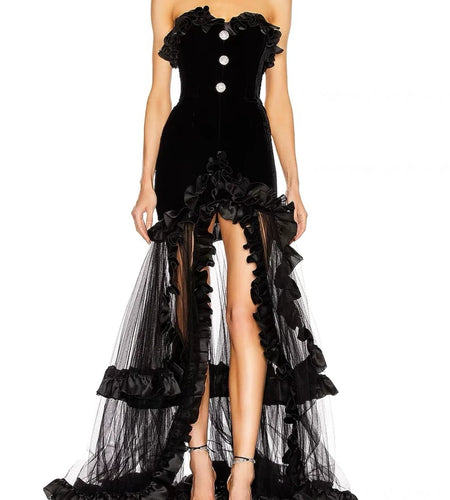 Solid Spliced Mesh Slimming Dresses For Women Strapless Sleeveless High Waist Temperament Split Dress Female New