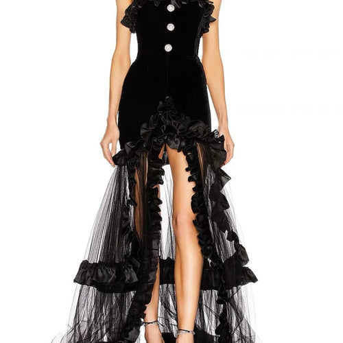 Load image into Gallery viewer, Solid Spliced Mesh Slimming Dresses For Women Strapless Sleeveless High Waist Temperament Split Dress Female New
