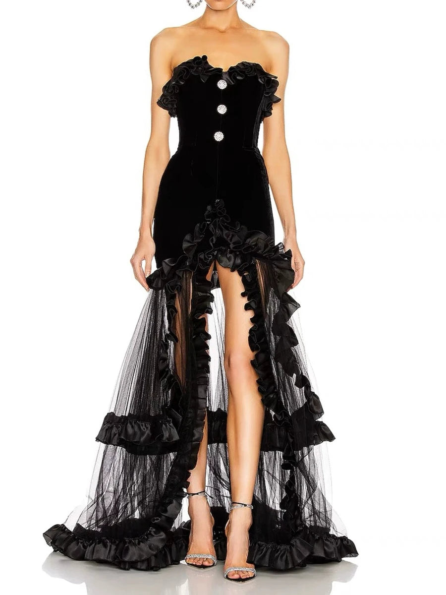 Solid Spliced Mesh Slimming Dresses For Women Strapless Sleeveless High Waist Temperament Split Dress Female New