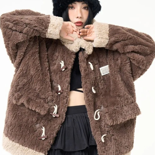 Load image into Gallery viewer, Contrast Color Streetwear Fashion Fluffy Warm Jackets Y2k Aesthetic All Match Horn Button Tops Casual Grunge Loose Coats Women
