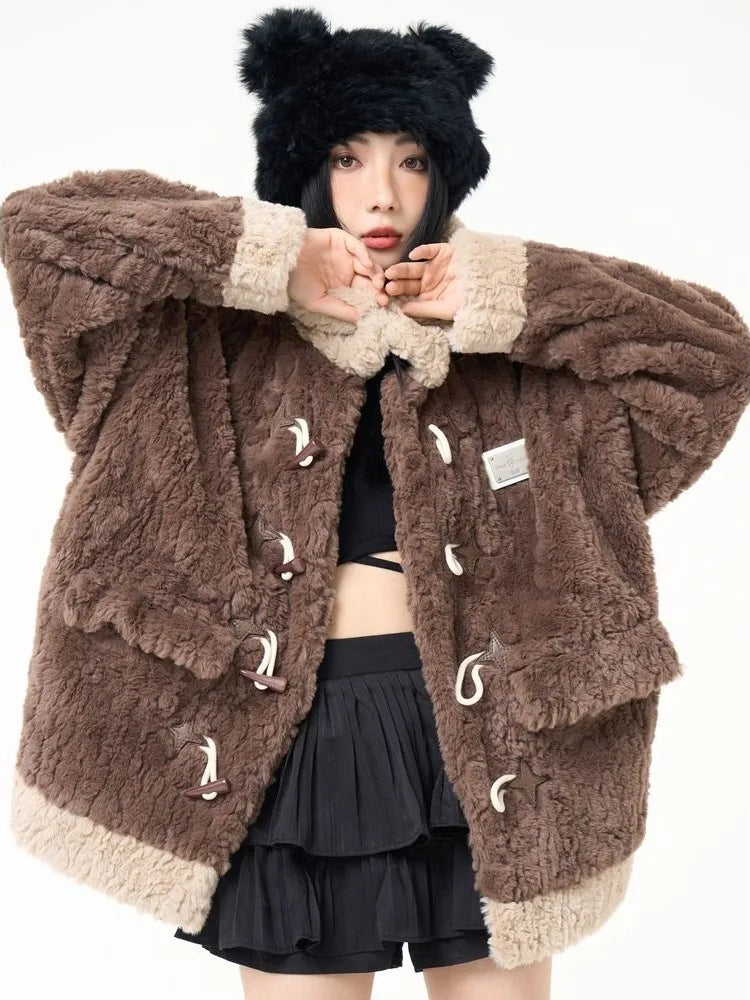 Contrast Color Streetwear Fashion Fluffy Warm Jackets Y2k Aesthetic All Match Horn Button Tops Casual Grunge Loose Coats Women