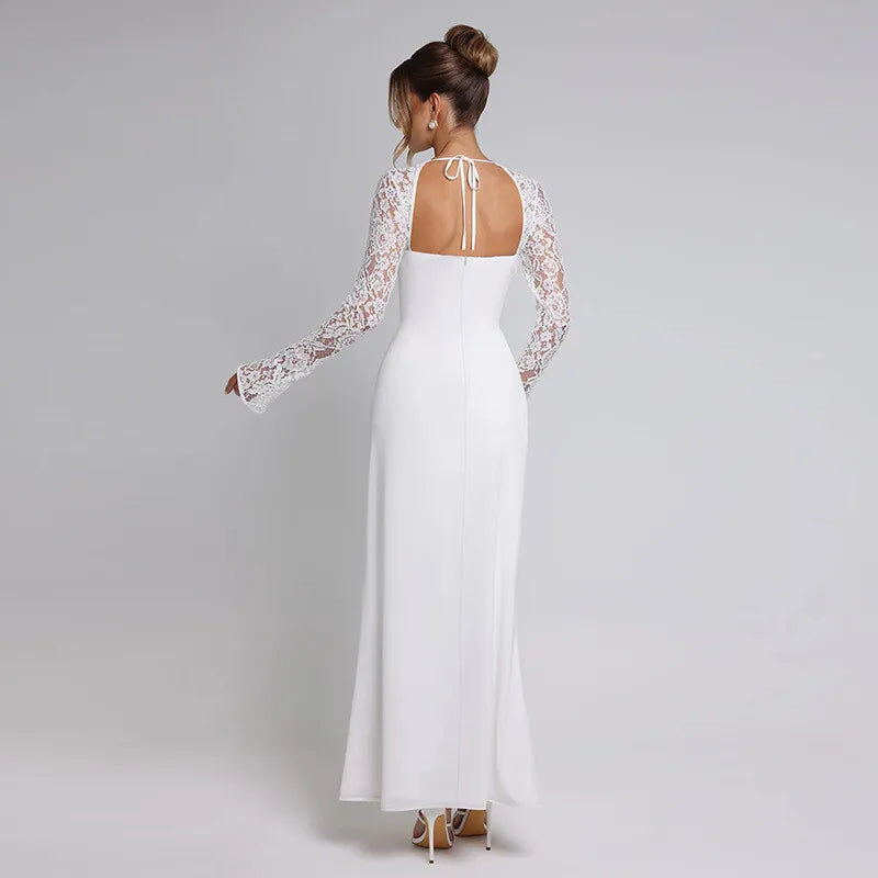 Lace Long Sleeve Sexy Maxi Dress Women Autumn New Square Collar Backless Lace-up High Split Sexy Club Party Long Dress