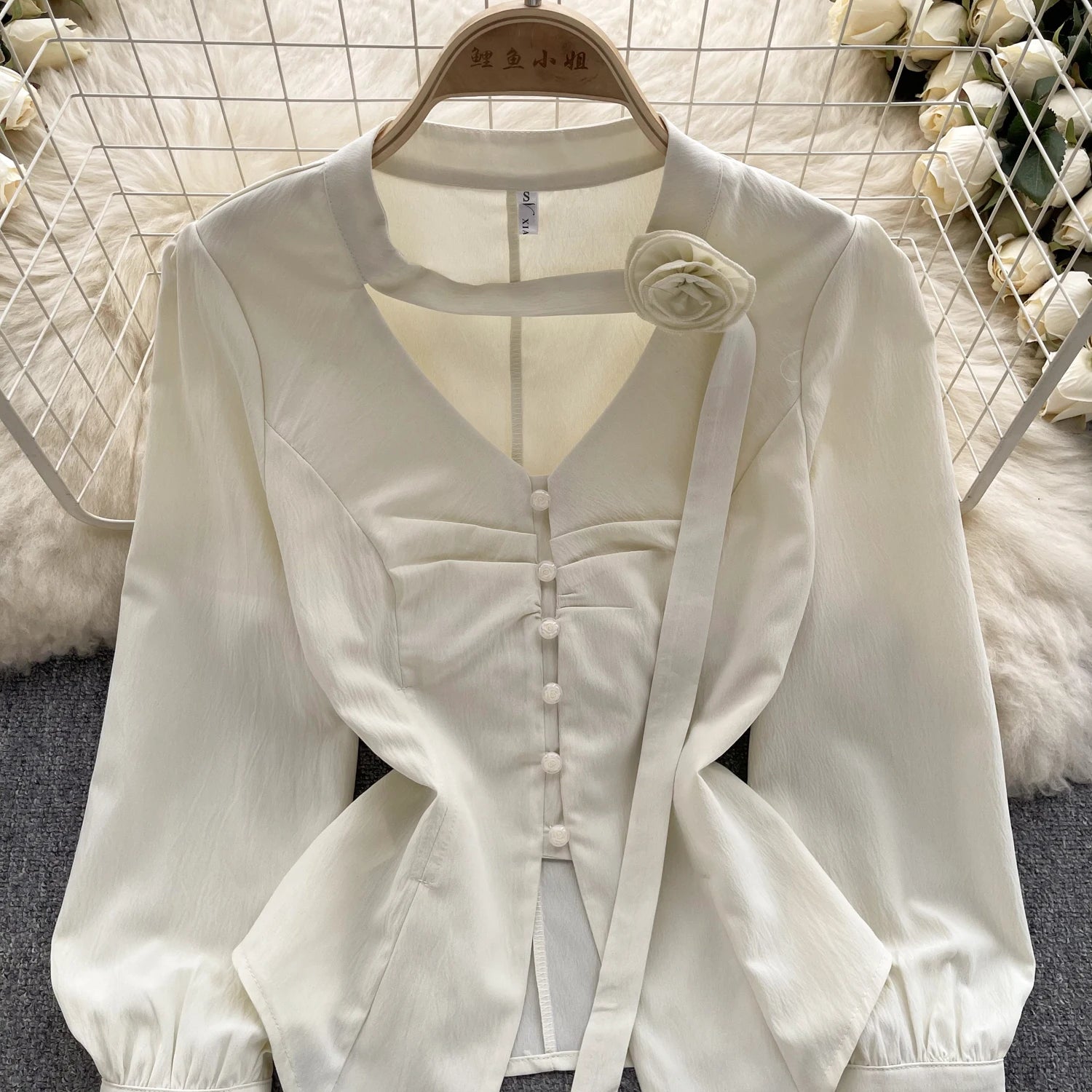 French Vintage Beige Lantern Long Sleeve Shirts For Women Autumn V Collar Pleated Tops Irregular Slim Blouses Fashion Beautiful