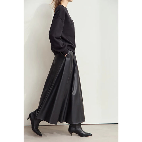 Load image into Gallery viewer, Minimalist Commuter Chic Skirt for Women 2024 Winter PU Elastic Waist Leather Multi-piece Patchwork Umbrella Skirt 12444168
