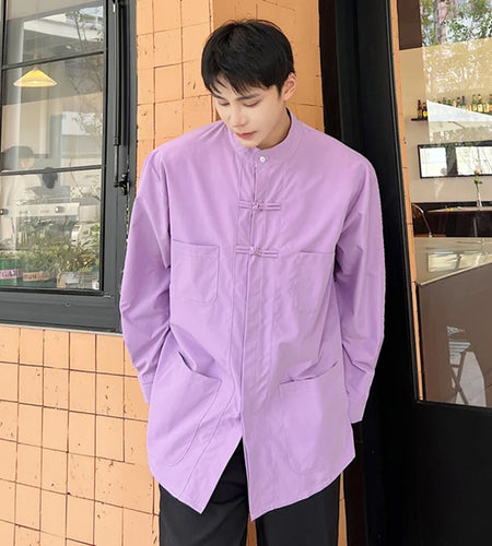 IEFB Stand Collar Male Shirts New Chinese Style Knot Button Long Sleeve Shirt Single Breasted Casual Loose Top Spring 9W1283