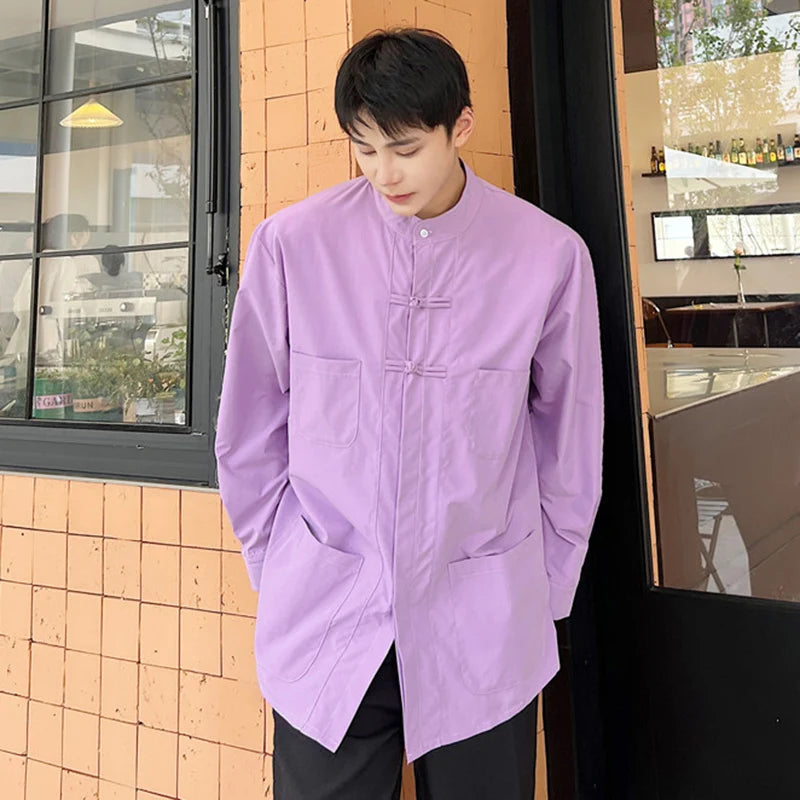 IEFB Stand Collar Male Shirts New Chinese Style Knot Button Long Sleeve Shirt Single Breasted Casual Loose Top Spring 9W1283