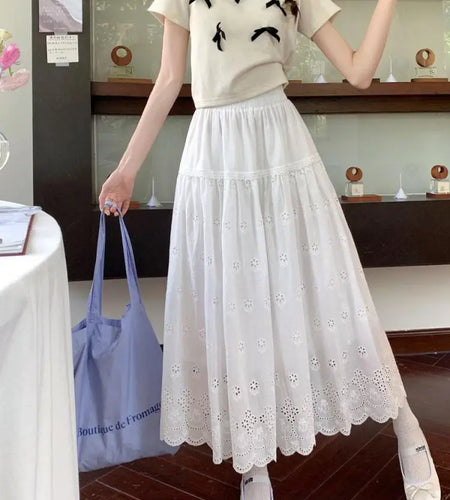 Vintage White Elegant Hollow Out Pleated Long Skirts For Women A-line Elastic High Waist Skirt Spring Summer Ladies Romantic New