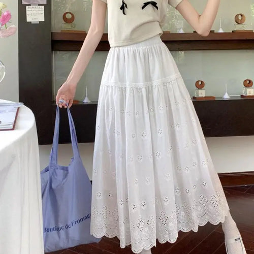 Load image into Gallery viewer, Vintage White Elegant Hollow Out Pleated Long Skirts For Women A-line Elastic High Waist Skirt Spring Summer Ladies Romantic New

