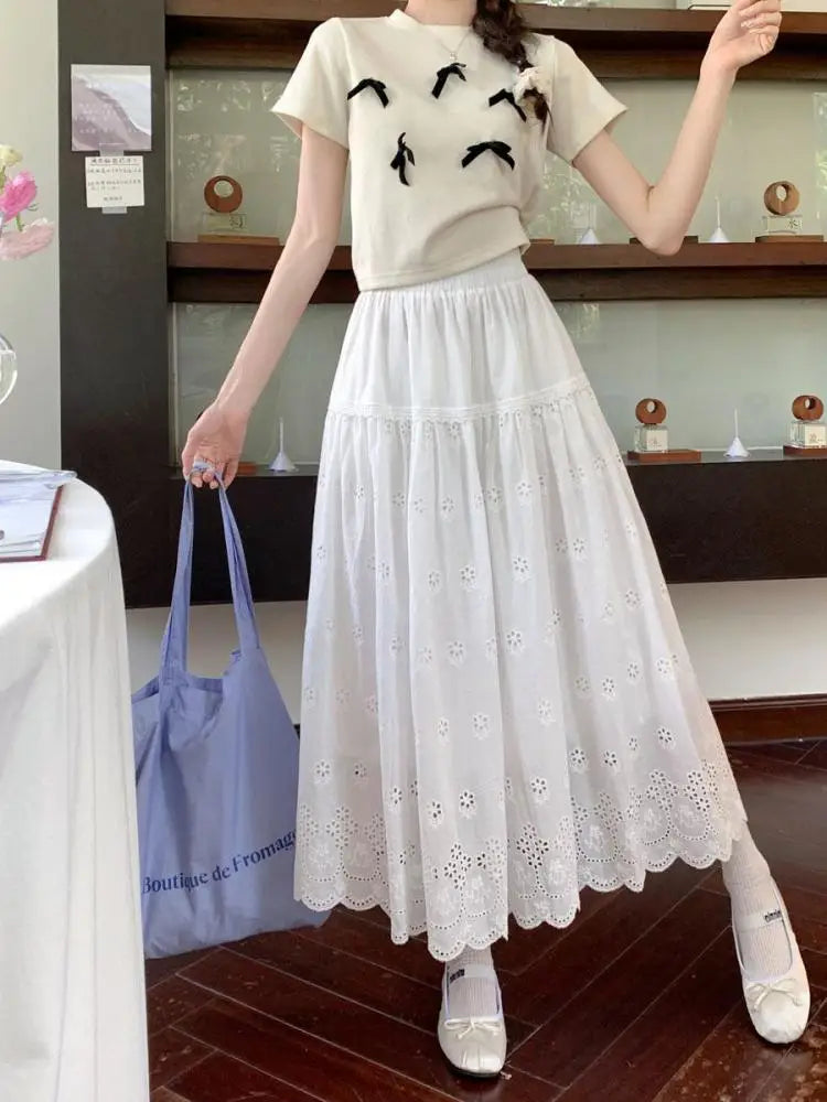 Vintage White Elegant Hollow Out Pleated Long Skirts For Women A-line Elastic High Waist Skirt Spring Summer Ladies Romantic New