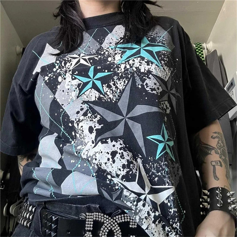 Gothic Punk T Shirt 2000s Women Graphic Print Round Neck Short Sleeve Tees Grungecore Clothing Cyber y2k Top Streetwear