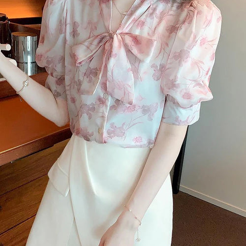 Load image into Gallery viewer, Pink Print Lace-up Bow Women&#39;s Shirts Summer Puff Sleeve V-neck Straight Loose Female Shirt Fashion Elegant Office Lady
