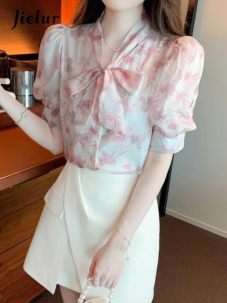 Pink Print Lace-up Bow Women's Shirts Summer Puff Sleeve V-neck Straight Loose Female Shirt Fashion Elegant Office Lady