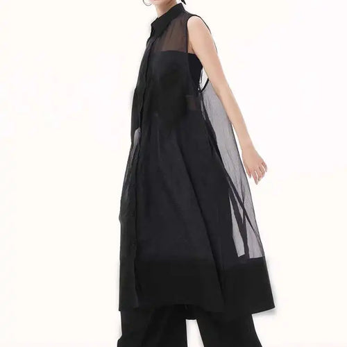 Load image into Gallery viewer, Women Black Mesh Perspective Big Size Long Shirt Dress New Lapel Sleeveless Fashion Tide Spring Summer 2025 1DH9517
