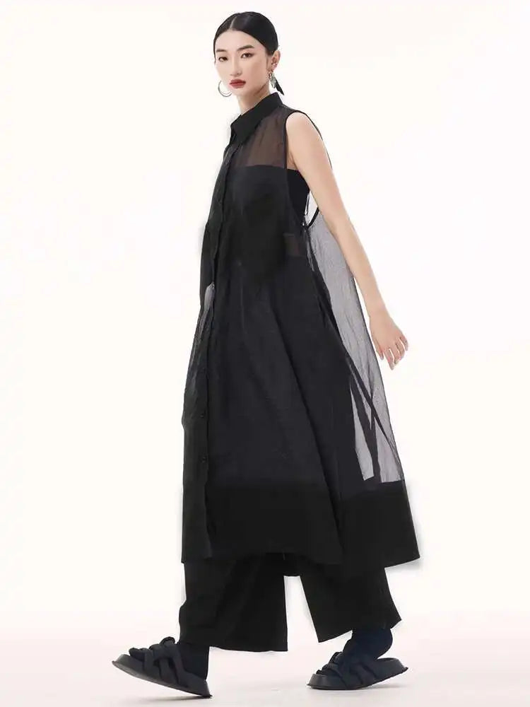 Women Black Mesh Perspective Big Size Long Shirt Dress New Lapel Sleeveless Fashion Tide Spring Summer 2025 1DH9517