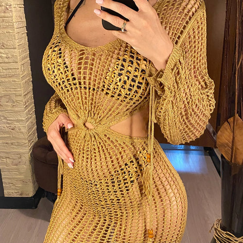 Load image into Gallery viewer, S - XL Long Sleeve Hollow Out Crochet Knitted Tunic Beach Cover Up Cover-ups Beach Dress Beach Wear Beachwear Female Women V5322
