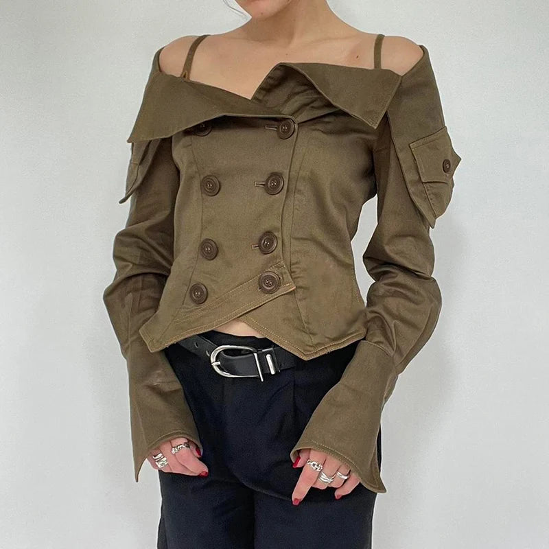 Streetwear Cargo Style Women Blouses Spring Autumn Off Shoulder Tops Buttons Draped Cropped Shirt Cardigan Party 2024