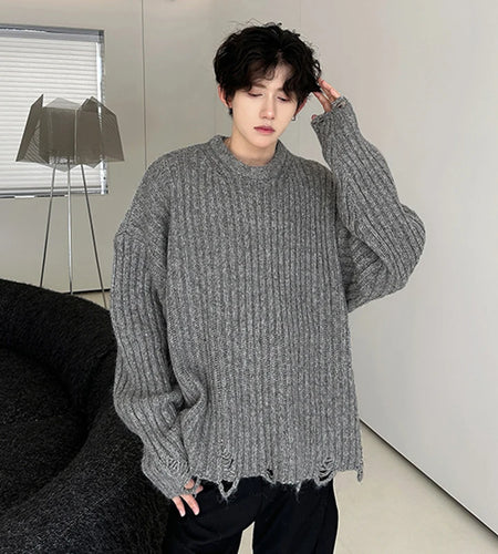 Solid Color Men's Sweaters Round Collar Hole Design Knitting Korean Casual Tops Pullover Loose Male Knits Simple New 9C9282