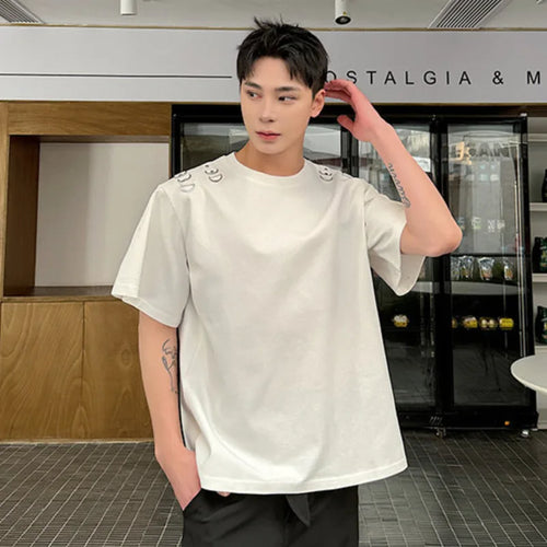 Load image into Gallery viewer, Summer Men&#39;s Loose Short Sleeve T-shirt Small Metal Half Ring Design Casual Simple Round Collar Male Top 9C5513
