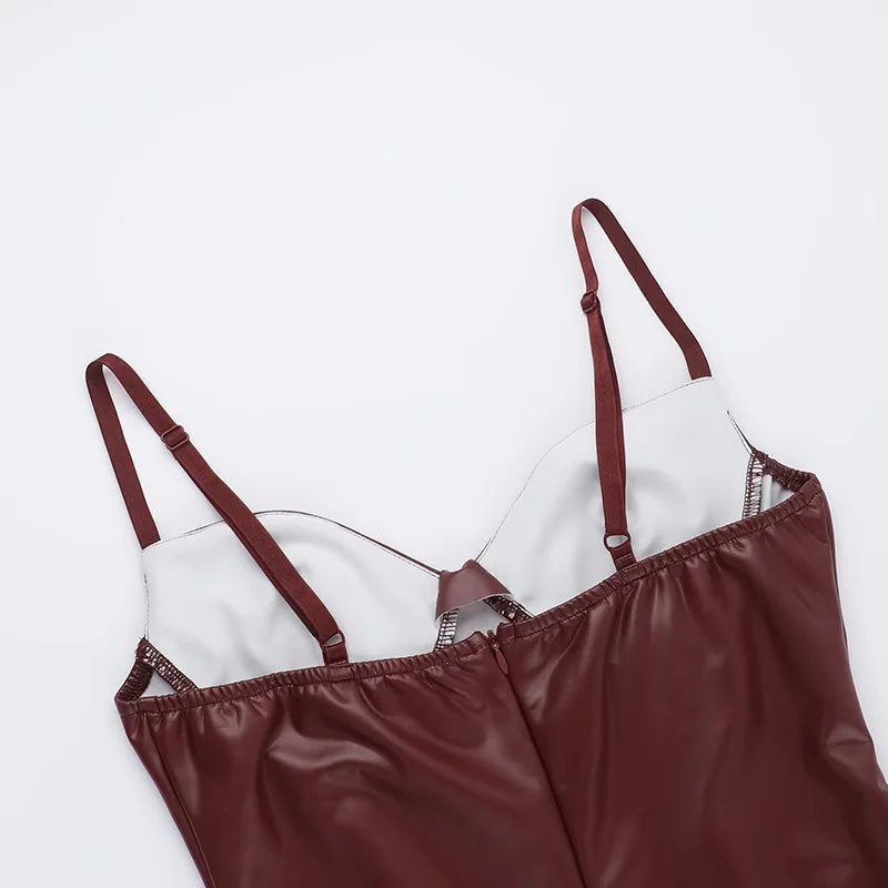 Spaghetti Strap PU Leather Sexy Maxi Dress For Women Fashion Halter Sleeveless Backless Slim Fit Sexy Long Dress New