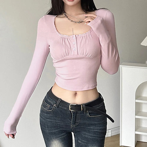 Load image into Gallery viewer, Korean Sweet Pink Skinny Female T-shirt Frill Fold Buttons Casual Crop Top Coquette Clothes Cute Tee Shirt Autumn
