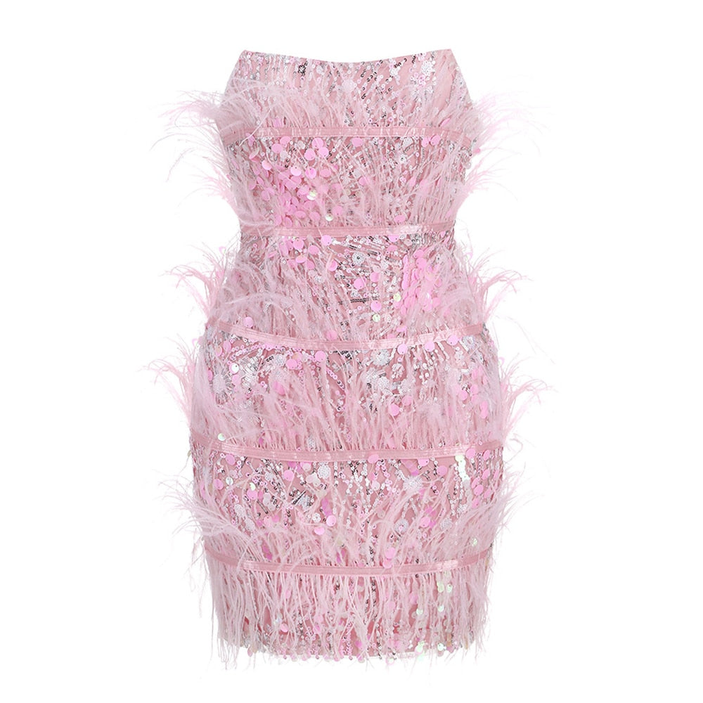 Sexy Pink Strapless Formal Dresses For Women Slash Neck Sleeveless High Waist Spliced Feathers Bodycon Dress Female