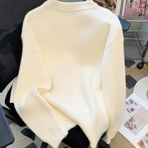 Load image into Gallery viewer, Korean Women's White Beautiful Girl Pattern Long Sleeve Round Neck Sweater Autumn Winter Loose Elegant Knit Thick Pullover Tops
