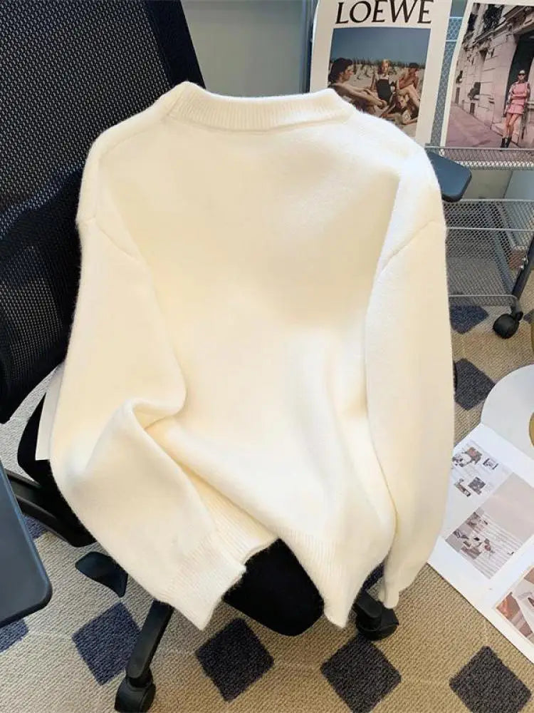 Korean Women's White Beautiful Girl Pattern Long Sleeve Round Neck Sweater Autumn Winter Loose Elegant Knit Thick Pullover Tops