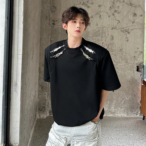 Load image into Gallery viewer, Korean Style Men&#39;s Short Sleeve T-shirts Metal Buckle Splicing Structure Trendy Round Neck Solid Color Male Tees 9W1911
