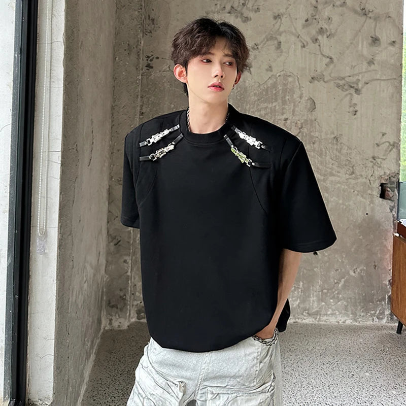 Korean Style Men's Short Sleeve T-shirts Metal Buckle Splicing Structure Trendy Round Neck Solid Color Male Tees 9W1911