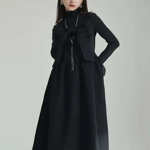 Load image into Gallery viewer, Women Gray Bow Bandage Spliced Long Elegant Woolen Dress New Sleeveless Loose Fit Fashion Tide Autumn Winter 2025 1DF3527
