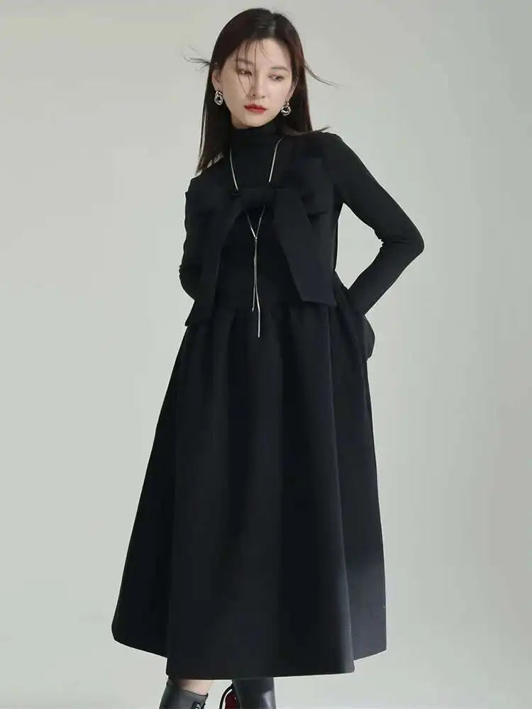 Women Gray Bow Bandage Spliced Long Elegant Woolen Dress New Sleeveless Loose Fit Fashion Tide Autumn Winter 2025 1DF3527
