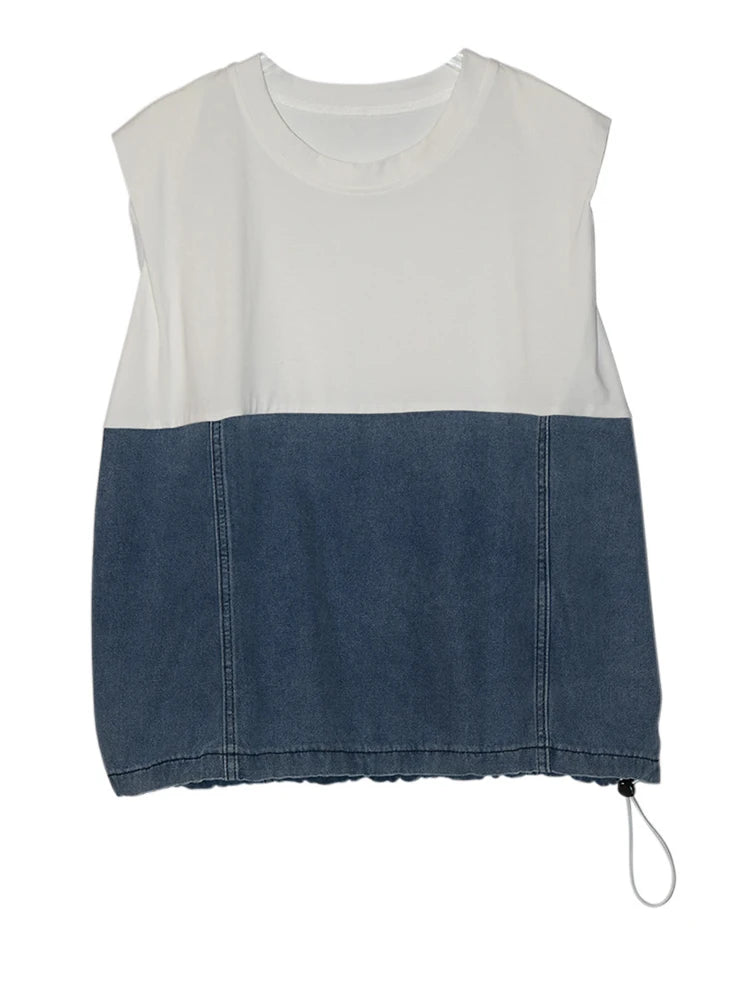 Women Black Denim Color-block Drawstring Big Size T-shirt New Round Neck Sleeveless Fashion Spring Summer 2025 1DJ1061