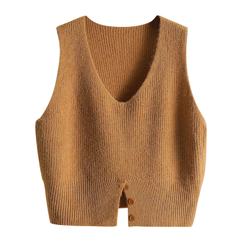 Women Solid V Neck New Holiday Loose Sleeveless Short Sweater Vest Autumn Winter Casual Versatile Split Knit Tank Tops Fashion