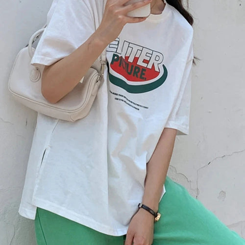 Load image into Gallery viewer, Korean Letter Print White T-shirt Female Harajuku Student Women Tops Summer Loose Casual Split Short-sleeved T shirt M-XL
