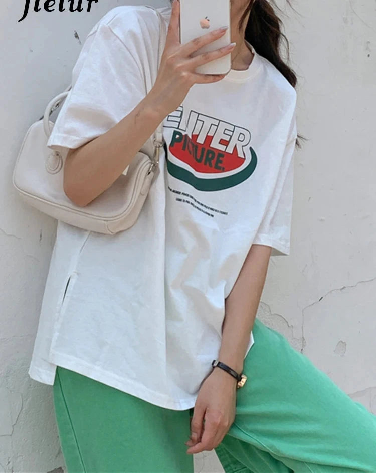 Korean Letter Print White T-shirt Female Harajuku Student Women Tops Summer Loose Casual Split Short-sleeved T shirt M-XL