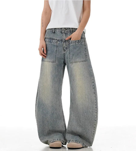 High Street  Men's Jeans New American Style Denim Pants Loose Curved Knife Straight Wide Leg Simple Male Trousers 9W1716