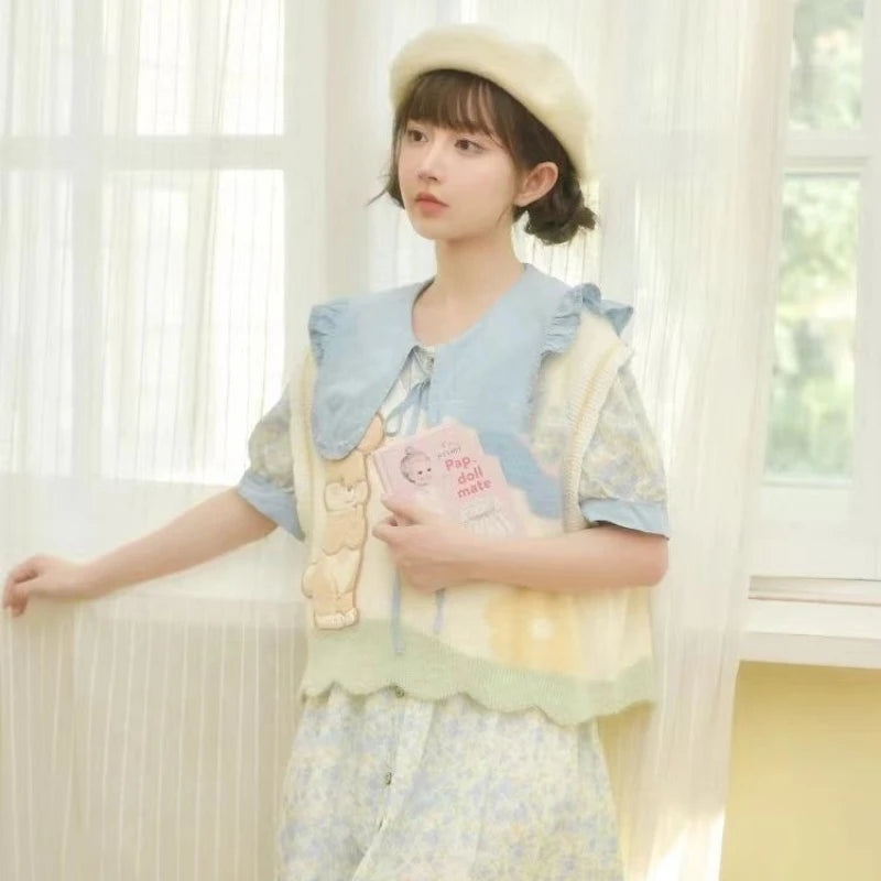 Sweet Cartoon Embroidery Sleeveless Knitted Sweater Vest Women Y2k Contrast Color Waistcoat Spring Grunge Harajuku Vests Tops