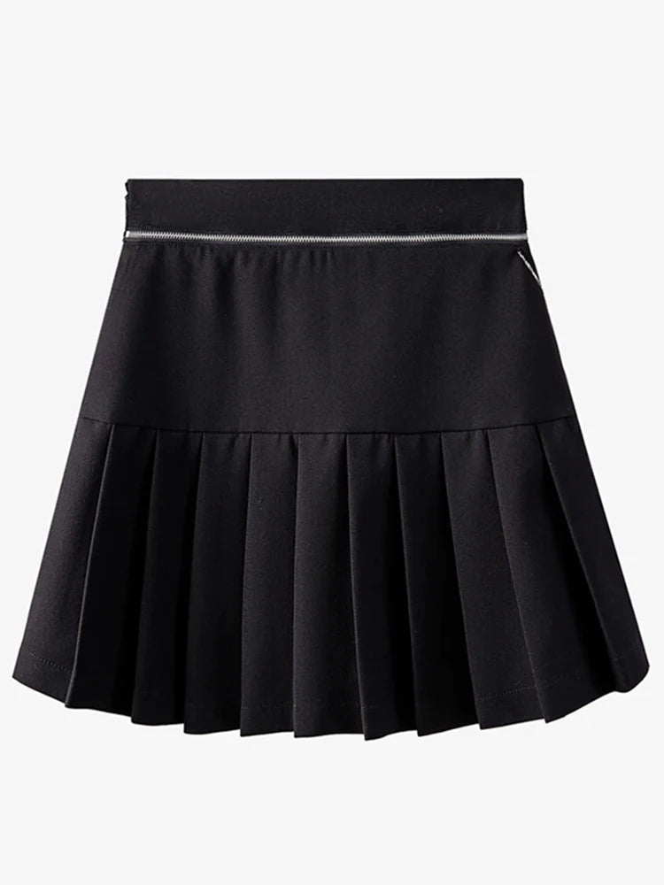 Solid Patchwork Metal Chain Chic Skirt For Women High Waist Spliced Pleated Streetwear A Line Skirts Female Fashion