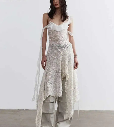 Women Beige Burr Perspective Sequins Irregular Long Spaghetti Strap Dress New Fashion Tide Spring Autumn 2025 1DH4725