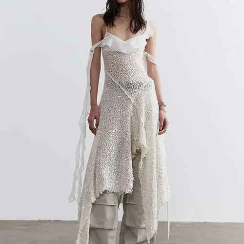 Load image into Gallery viewer, Women Beige Burr Perspective Sequins Irregular Long Spaghetti Strap Dress New Fashion Tide Spring Autumn 2025 1DH4725
