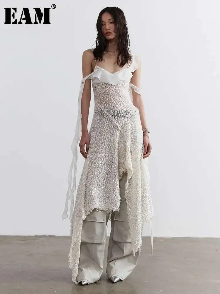 Women Beige Burr Perspective Sequins Irregular Long Spaghetti Strap Dress New Fashion Tide Spring Autumn 2025 1DH4725