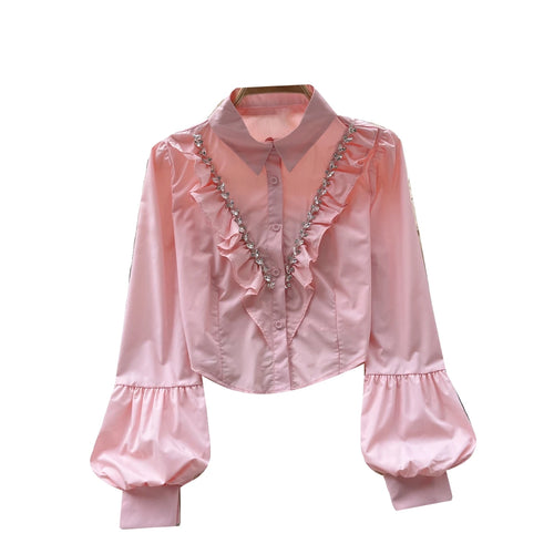 Load image into Gallery viewer, French Vintage Solid Elegant Long Sleeve Ruffle Tops Autumn Female Turn-down Collar Shirt Women Button Versatile Pleated Blouse
