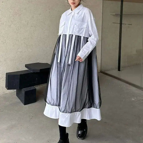 Load image into Gallery viewer, Women White Mesh Ribbons Pocket Big Size Midi Shirt Dress New Lapel Long Sleeve Fashion Tide Spring Autumn 2025 1DH8647
