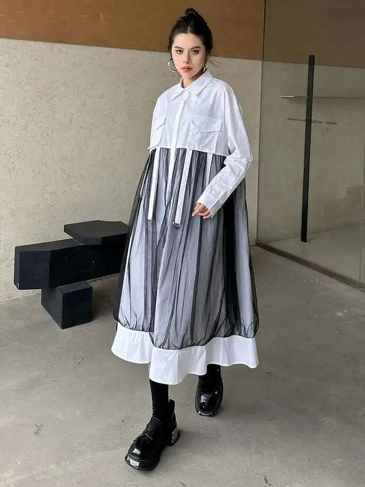 Women White Mesh Ribbons Pocket Big Size Midi Shirt Dress New Lapel Long Sleeve Fashion Tide Spring Autumn 2025 1DH8647