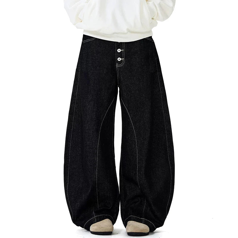 Fashion Male Jeans American Denim Curved Knife Pants  Loose Straight Leg Design Casual Wide Leg Trousers Summer 9W1472