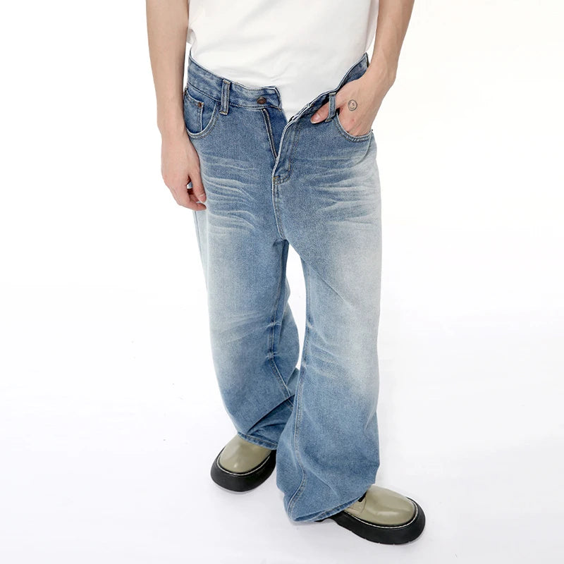 Fashion Men's Denim Pants Casual Worn-out Washing Wide Leg Jeans Vintage Loose Straight Male Trousers Summer 9C6395