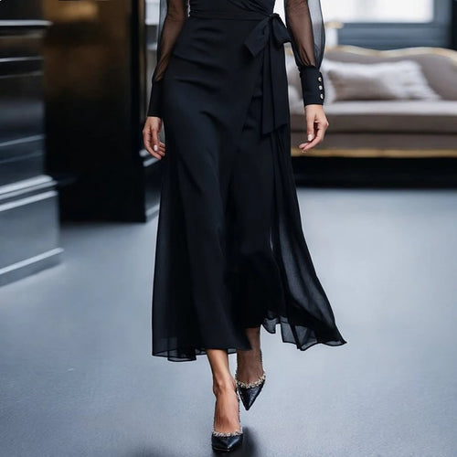 Load image into Gallery viewer, Women&#39;s Half See-Through Elegant Dresses 2025 Summer Autumn Lace Up Black Business Casual Fashion Female Long Dress
