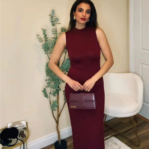 Load image into Gallery viewer, Half High Collar Sleeveless Knit Maxi Dress For Women Fashion Solid Bodycon Sexy Pleated Long Knitted Sweater Dress
